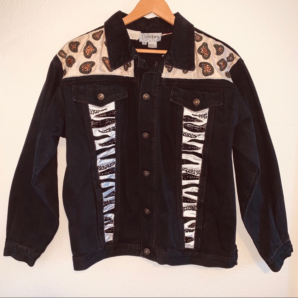 🦋Vintage Cache Black Denim Animal Print Jacket